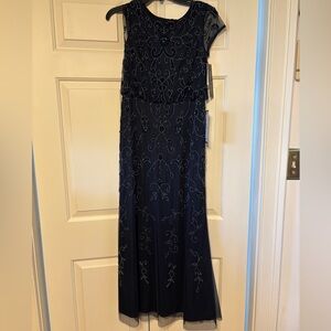 NWT- Navy Beaded Blouson Dress - Floor-Length Evening Gown